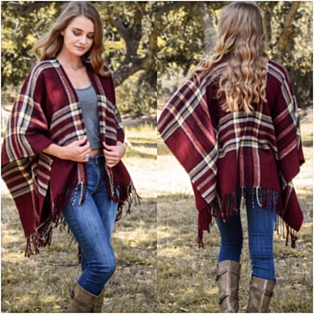Bohemian Plaid Tassel Sweater Cardi Kimono Scarf - Picture 2 of 6